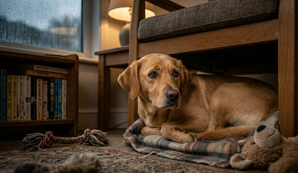 dog training for anxiety  if dog is traumatic . dog sitting under table .