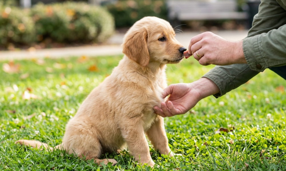 puppy obedience training in the park. a golden puppy sting on the grass with owner.