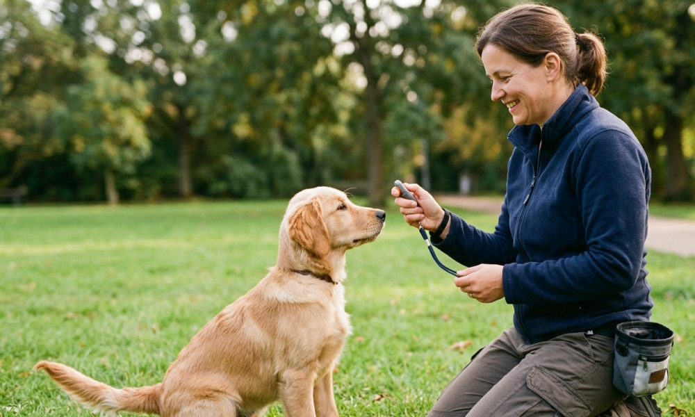 clicker training of dog in the park .a golden dog sit on the grass with female