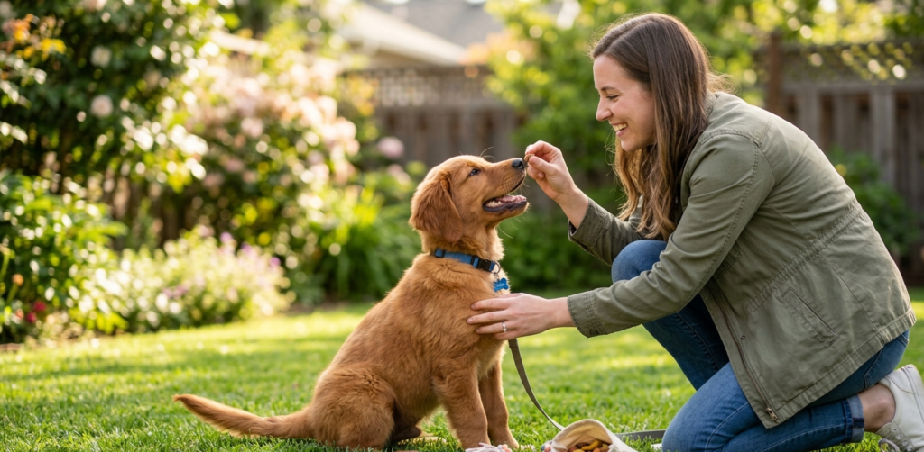 puppy training in the park used positive reinforcement