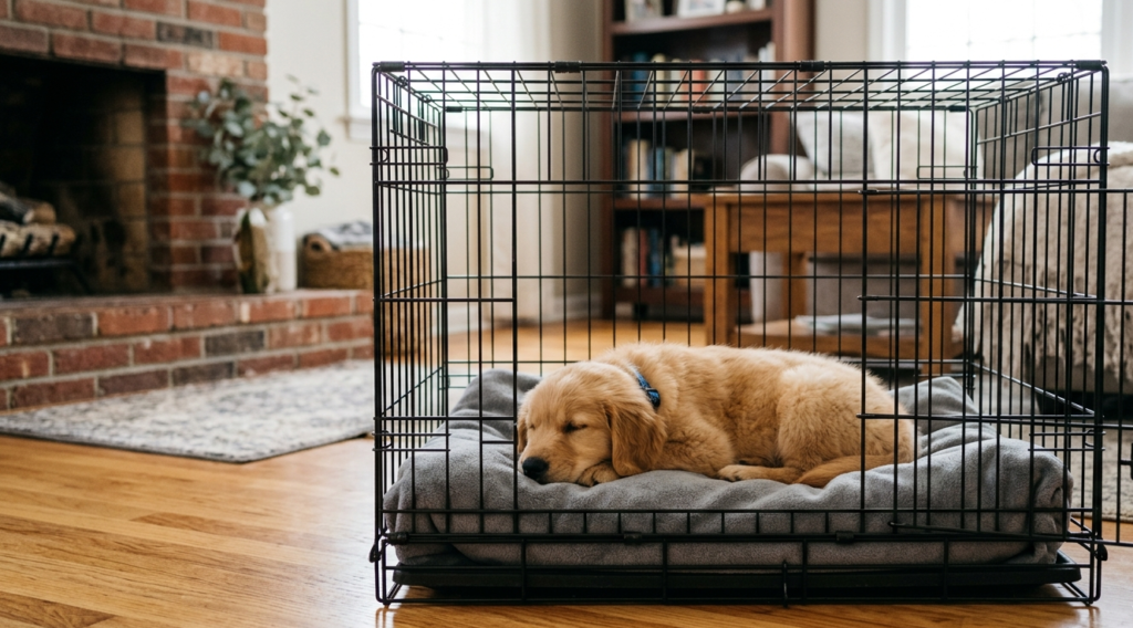 puppy sleeping in cage