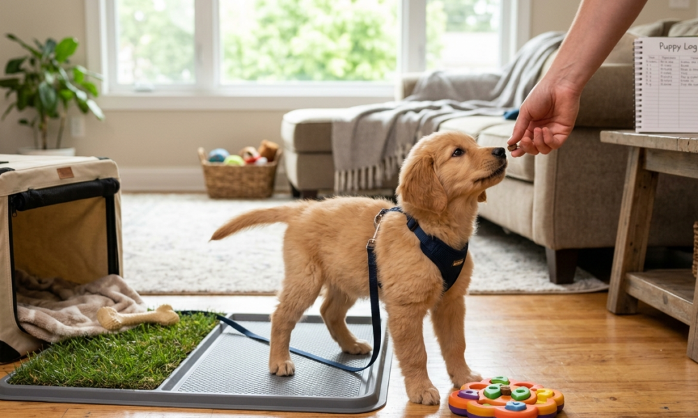 Puppy house training in the bedroom . owner giving food of puppy a golden puppy enjoy food