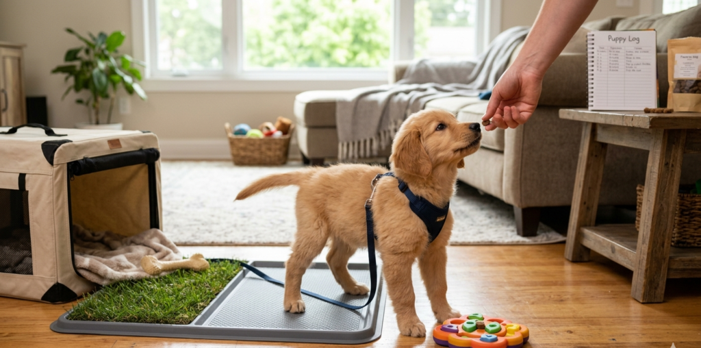 Puppy house training in bedroom owner giving food.