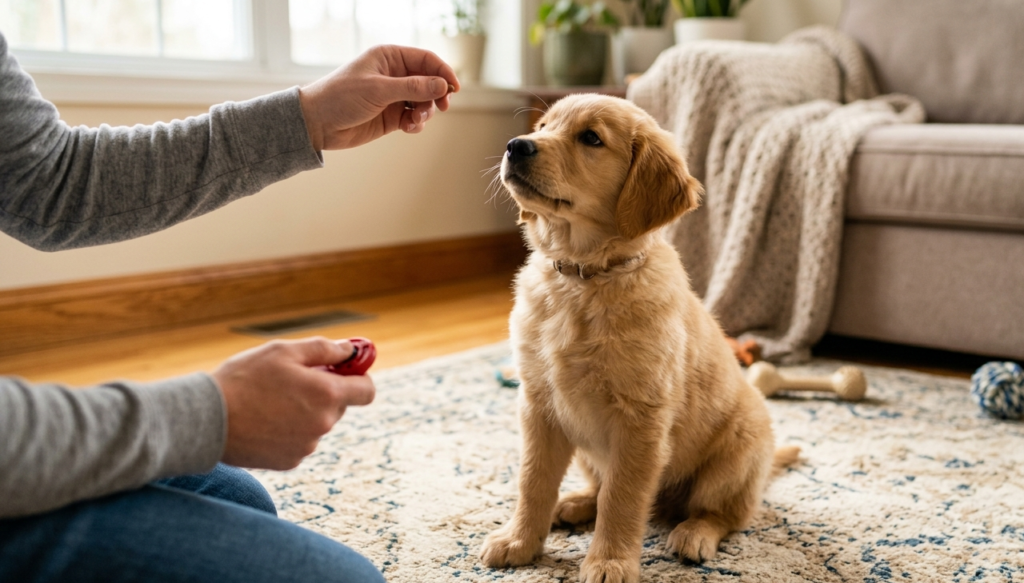 learning basic principles of puppy clicker training, in room.