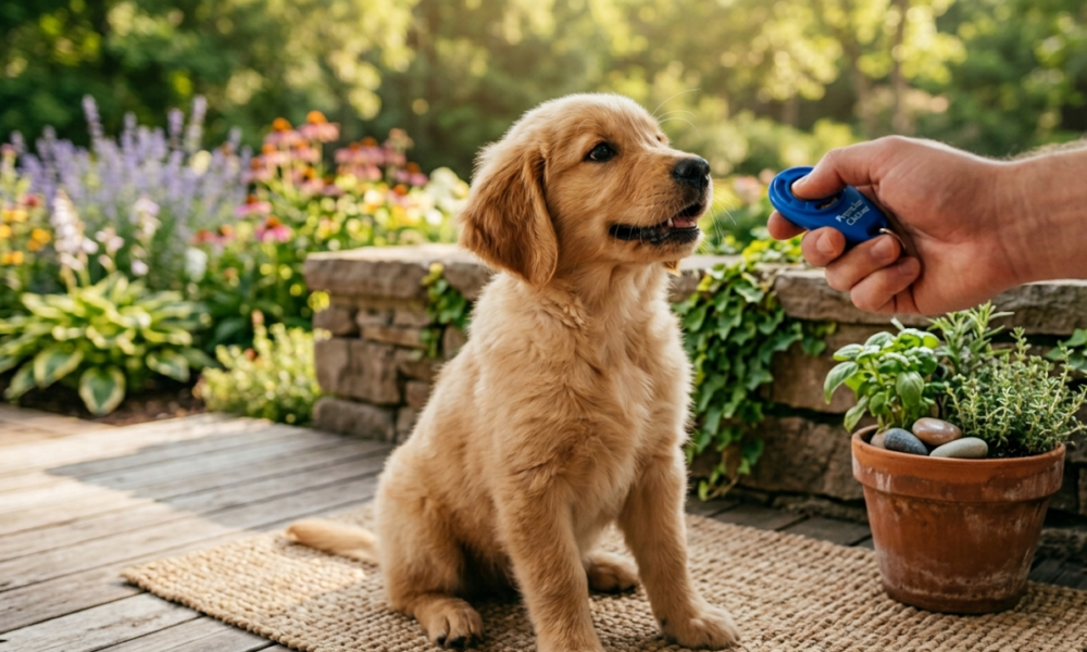 puppy clicker training in the park .a golden puppy sitting on the floor the owner