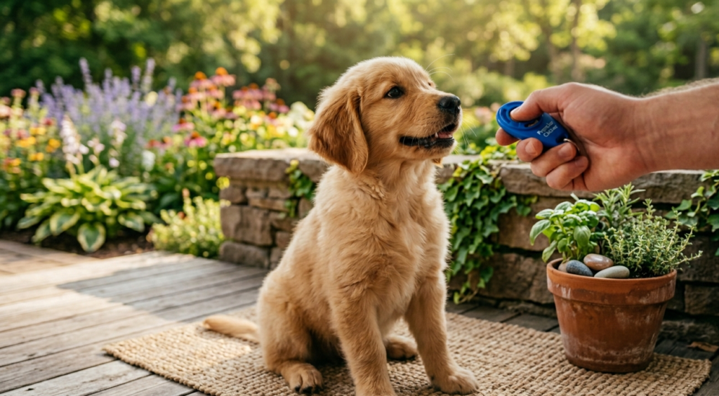 puppy clicker training in the park .