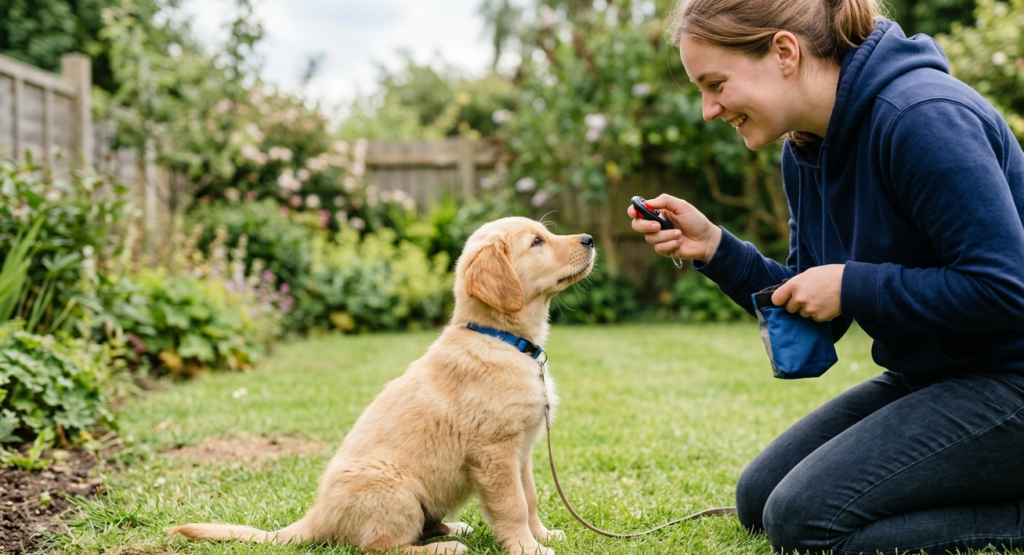 puppy clicker training with using basic commands.