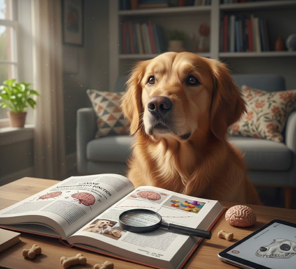brain training of dog in room . a golden dog sitting .
