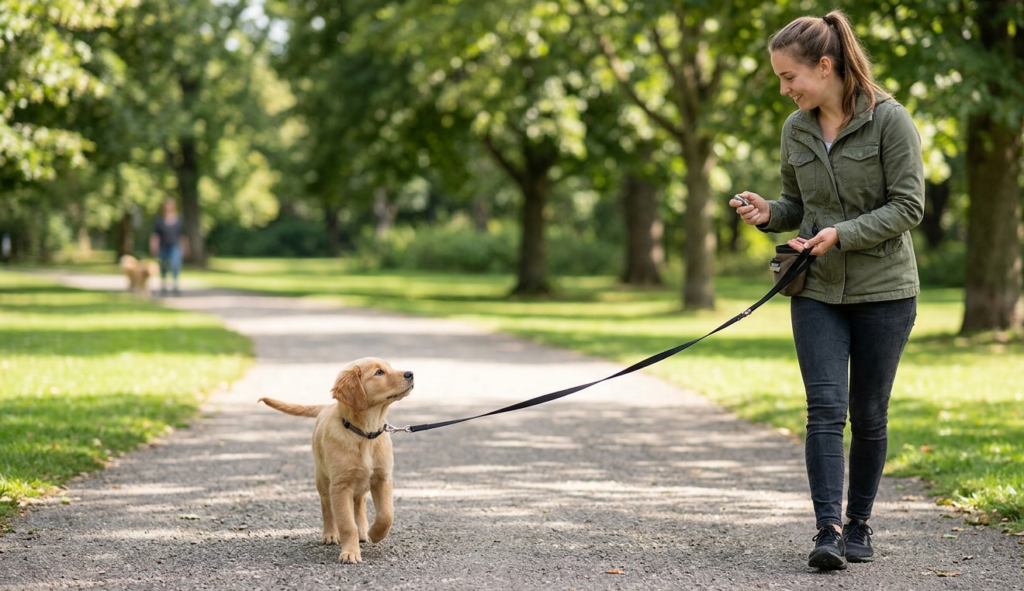puppy leash training in the park.