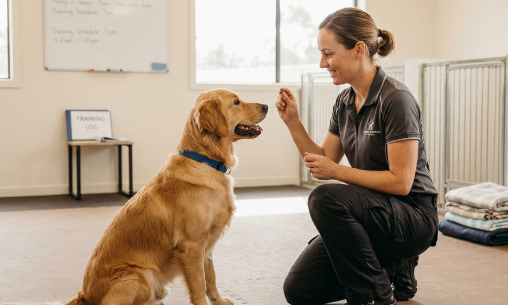 dog training in the room .one golden dog sitting on the floor .a female give food during training.