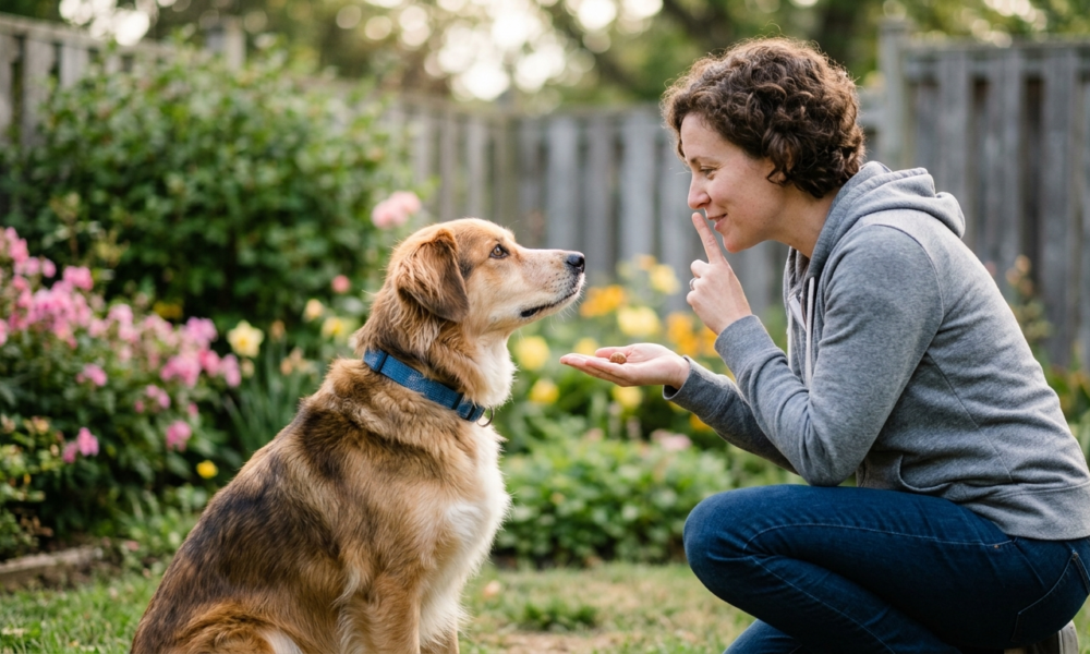 dog obedience training in the park .a dog sitting with female . flowers are present backside.