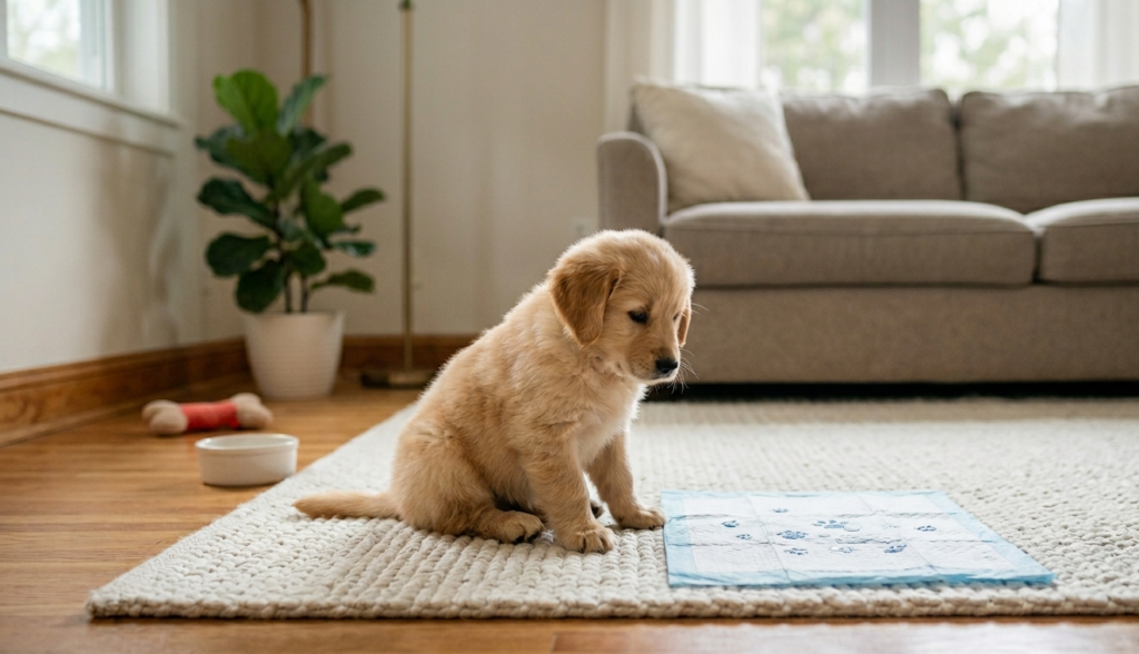 Potty Trainin the room puppy sitting on the carpet