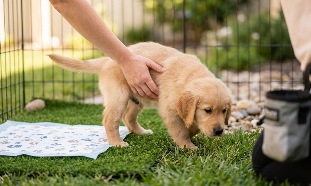 potty training in the park. a golden puppy in the hand of female .