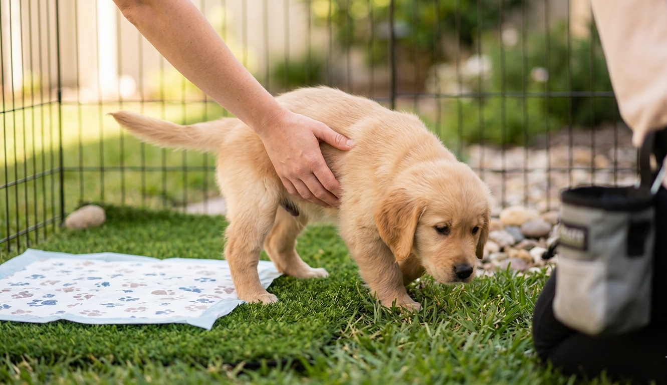 potty training in the park. a golden puppy in the hand of female .