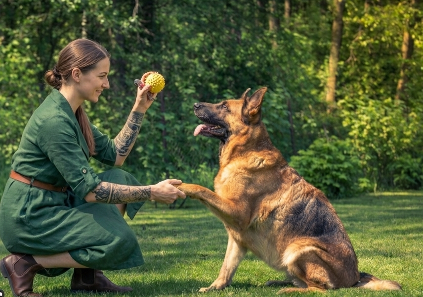 dog commands training in the park a female train german commands of dog . a dog carefully train.