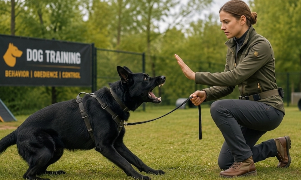 Aggressive dog training in the park. a balck dog sitting on the grass. dog leash in the hand of femela.