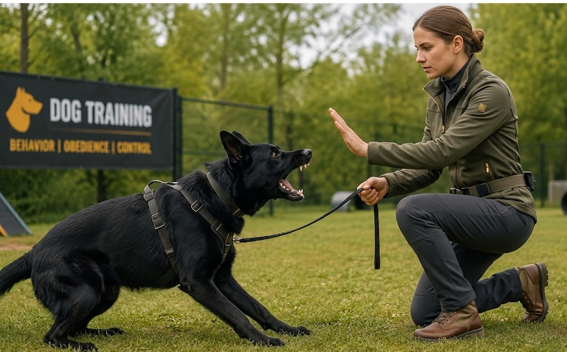 Aggressive dog training in the park. a balck dog sitting on the grass. dog leash in the hand of femela.