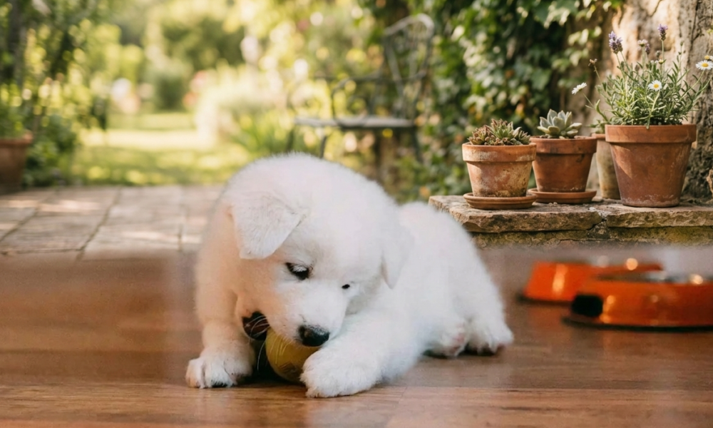 puppy training is out door. a white puppy sitting and play with ball . puppy is peaceful enviornment