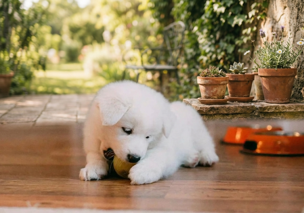 puppy training is out door. a white puppy sitting and play with ball .