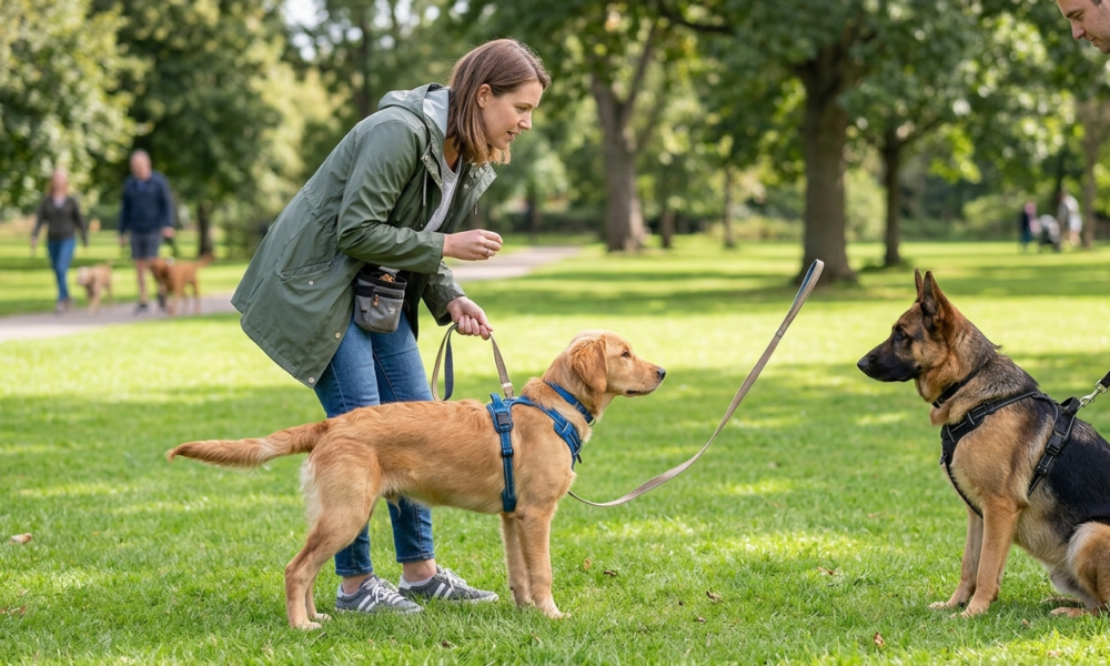 Controlled Socialization of aggressive dog in the park . two dogs are present in the park with leash . socialization is best for aggressive dog.