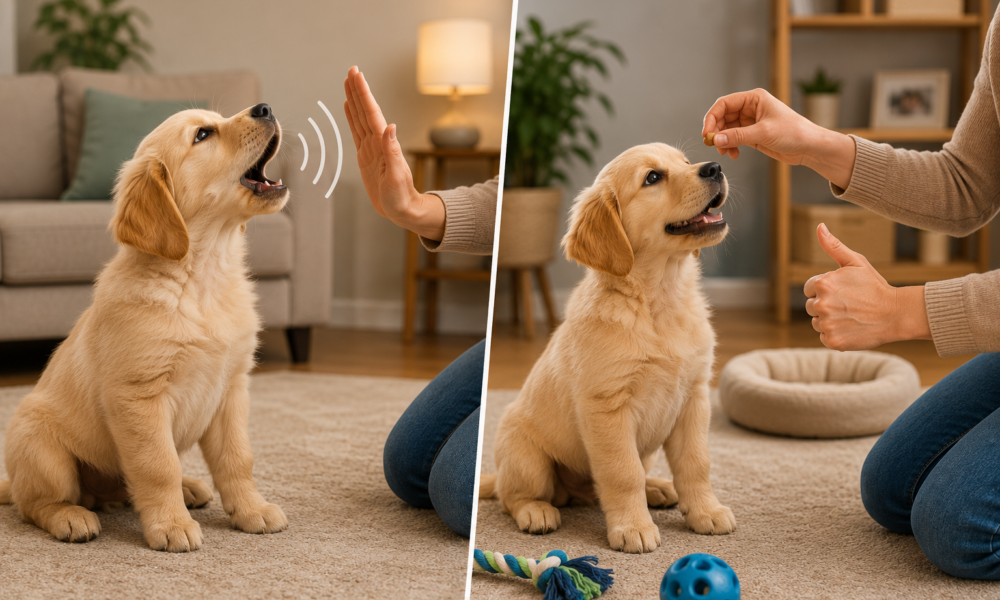 Stop Barking training of puppy in the bedroom. two golden puppy sitting on the floor a female try to stop barking and another side give food the puppy