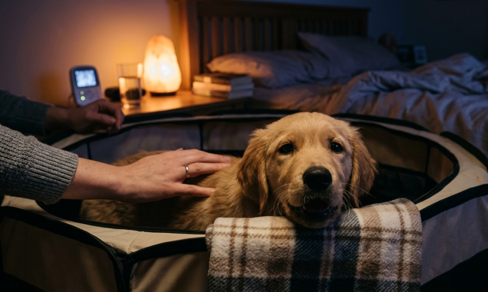 Train a Puppy during night time in dumlight . a golden puppy sleepining on bed. a female sitting with puppy