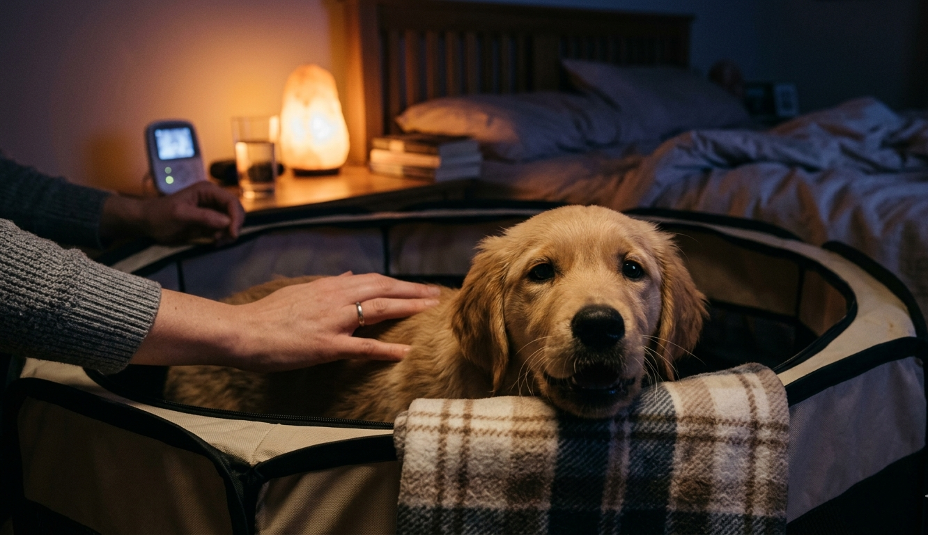 Train a Puppy during night time in dumlight . a golden puppy sleepining on bed. a female sitting with puppy