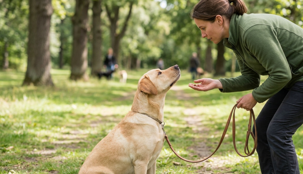 Obedience training of dog in the park . leash in the hand of female .