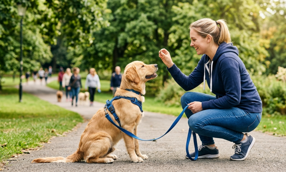 dog Obedience training in the park .a female giving commonds a golden dog sitting on road with owner dog leash in the hand of female