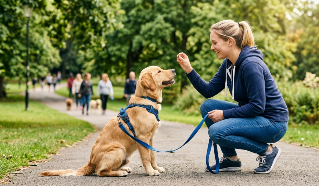dog Obedience training in the park .a female giving commonds