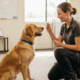 dog training in the room .one golden dog sitting on the floor .a female give food during training.
