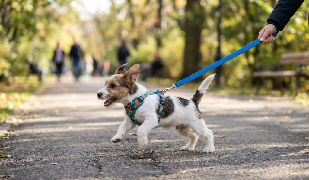 Hyper Puppy pull on the leash in the park.
