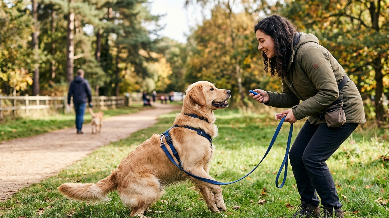 The adolescent dog, wearing a blue harness and leash, looks intently at the woman, ready for a reward. The trainer is smiling and holding a clicker and a treat bag in a park setting. In the background, a person walks another dog down a blurred path. This image captures the positive approach needed when working with an adolescent dog during the teenage phase.