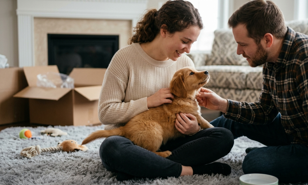 Introduce a New Puppy to Your Home with famliy in the bedroom . puppy sitting between male and female .