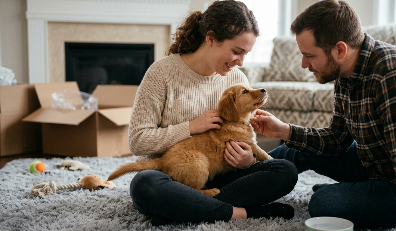 Introduce a New Puppy to Your Home with famliy in the bedroom . puppy sitting between male and female .