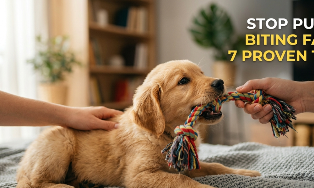 A golden retriever puppy biting a colorful braided rope toy on a grey blanket, while a person's hands gently hold the toy and pet the puppy. Bold text in the upper right reads "STOP PUPPY BITING FAST: 7 PROVEN TIPS".