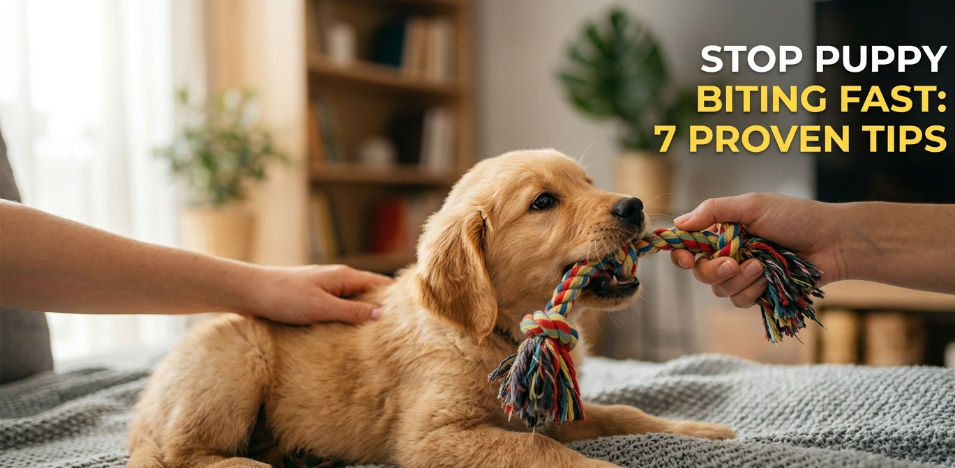 A golden retriever puppy biting a colorful braided rope toy on a grey blanket, while a person's hands gently hold the toy and pet the puppy. Bold text in the upper right reads "STOP PUPPY BITING FAST: 7 PROVEN TIPS".