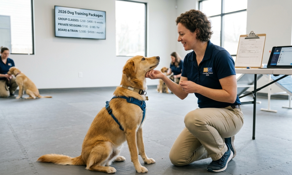 An expert dog trainer gently holding a golden dog's chin during a dog obedience training session in a well-equipped indoor facility, showcasing proper hand placement and handling techniques.