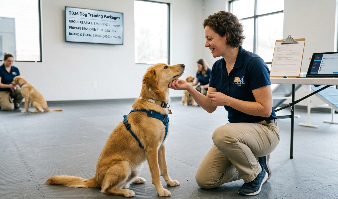 An expert dog trainer gently holding a golden dog's chin during a dog obedience training session in a well-equipped indoor facility, showcasing proper hand placement and handling techniques.