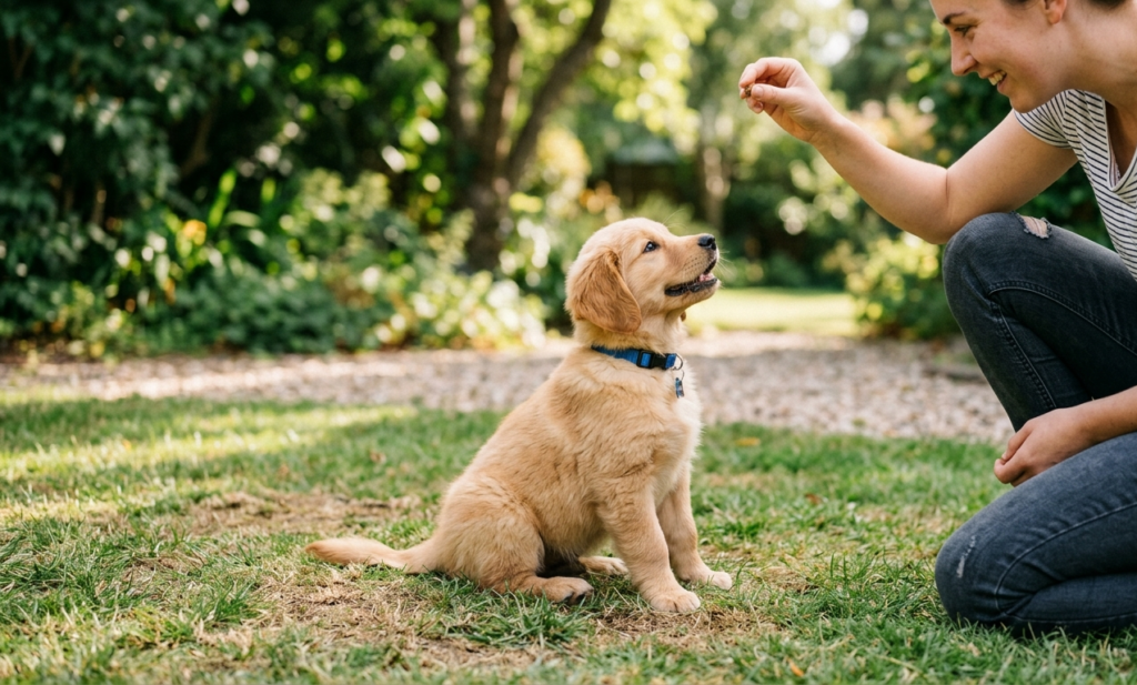 Puppy Commands training in the park . puppy sitting on grass.