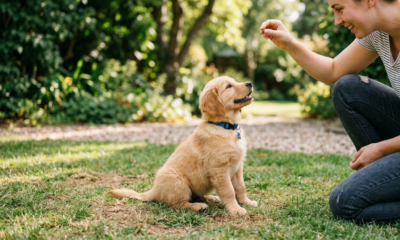 Puppy Commands training in the park . puppy sitting on grass. a female giving foof a golden puppy learn commands