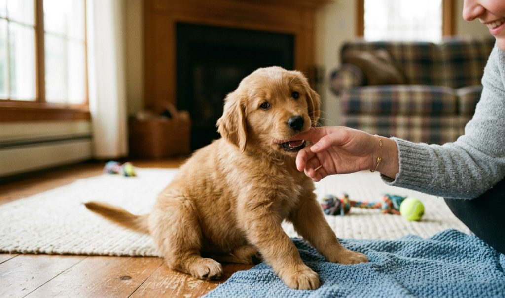 Puppy Biting is female hand . a puppy sitting with owner in the room.