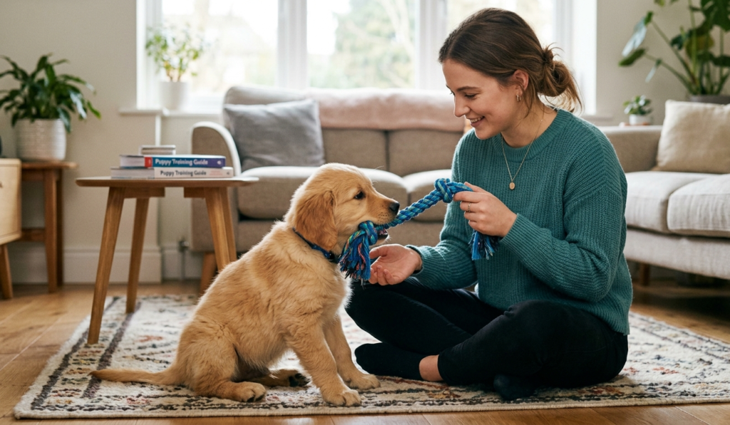 puppy biting a rop.