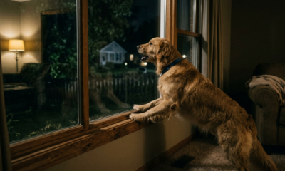 Golden retriever dog barking at night near a window, looking outside from a cozy living room, showing dog bark at night behavior.