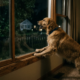 Golden retriever dog barking at night near a window, looking outside from a cozy living room, showing dog bark at night behavior.