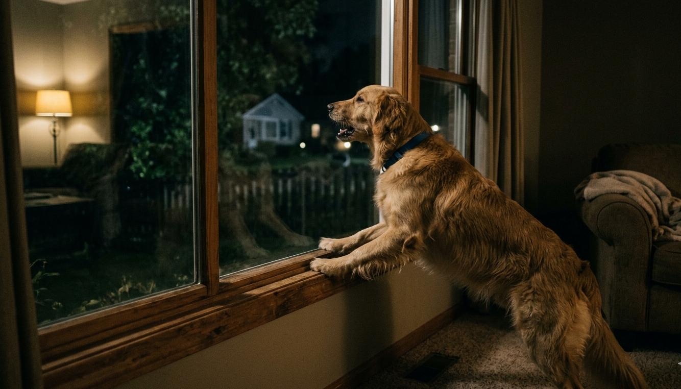 Golden retriever dog barking at night near a window, looking outside from a cozy living room, showing dog bark at night behavior.