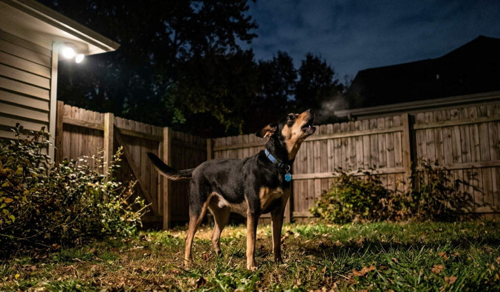 Dogs bark at night out side of the home.