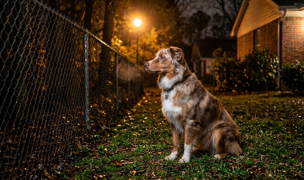 a dog present outside of home and dog is worried.