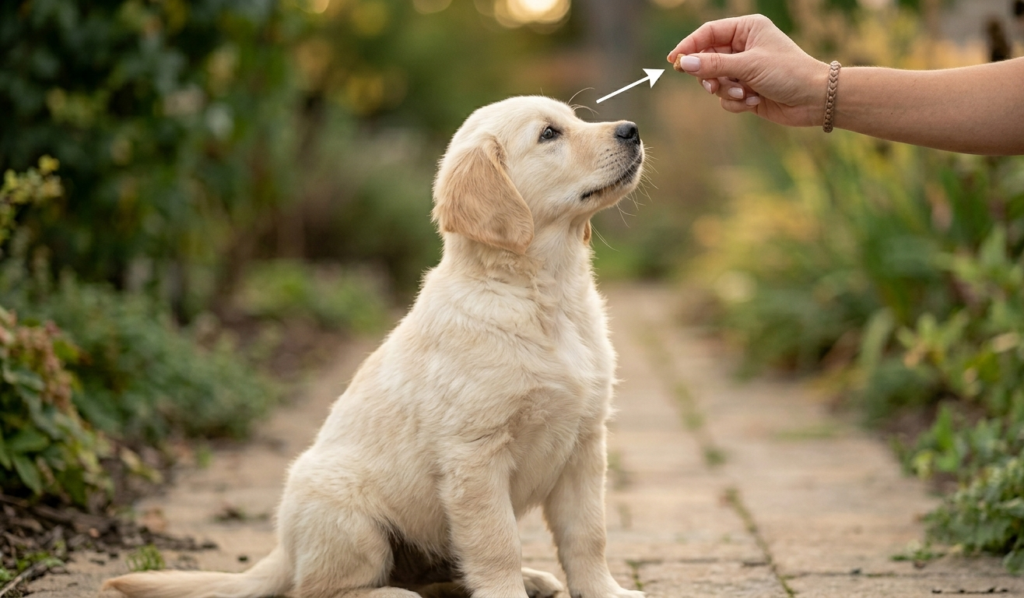 dog training  in outside . a female giving food .
