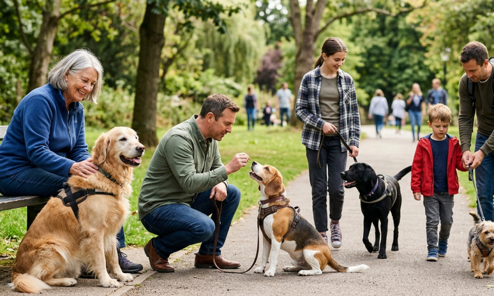 A diverse group of people of various ages interacting with their dogs in a sunny park. A senior woman pets a Golden Retriever on a bench, a man kneels to offer a treat to a Beagle, a young girl walks a Black Labrador, and a man and a young boy walk a small Terrier on a leash."